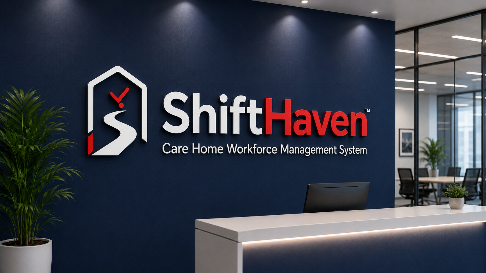 Modern office reception with ShiftHaven wall signage